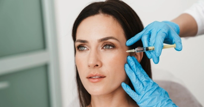 Woman getting botox in her crows feet